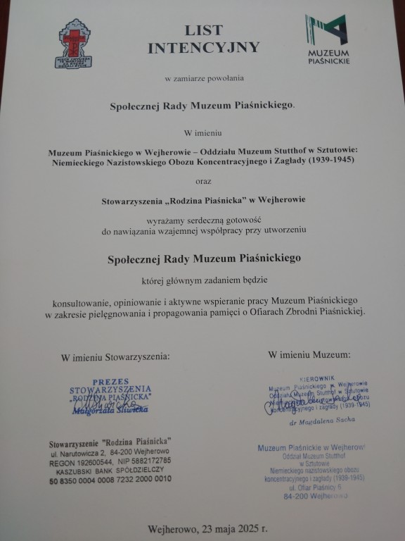 list intencyjny Muzeum Piaśnickiego i Stowarzyszenia Rodzina Piaśnicka