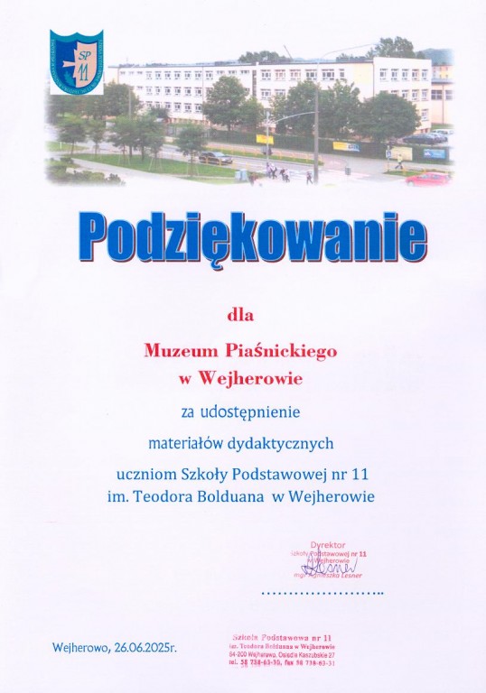podziękowanie od szkoły dla Muzeum Piaśnickiego