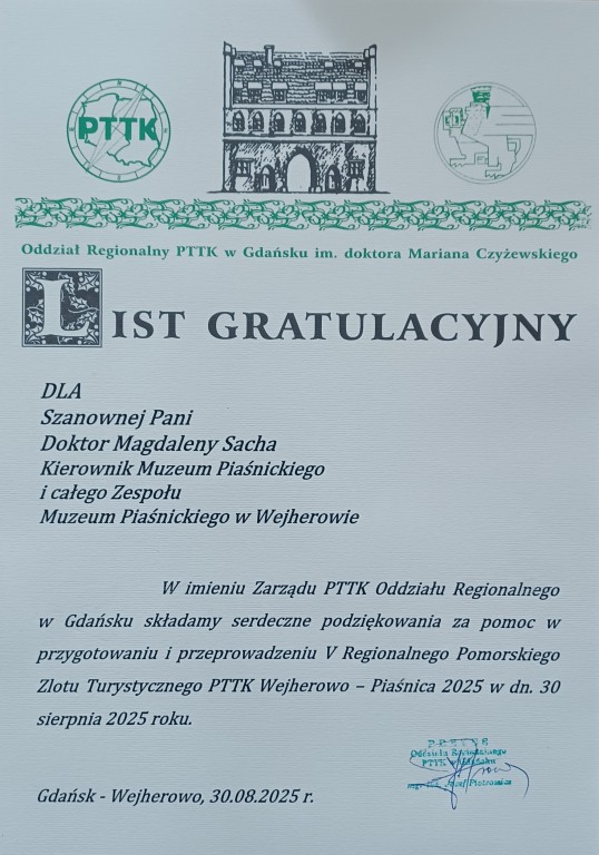 lis gratulacyjny dla dr Magdaleny Sachy