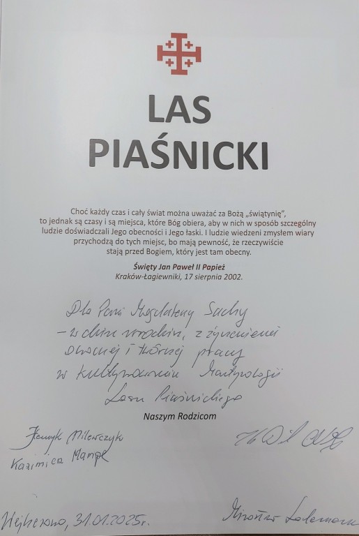 życzenia dla dr Magdaleny Sachy od stowarzyszenia Rodzina Piaśnicka