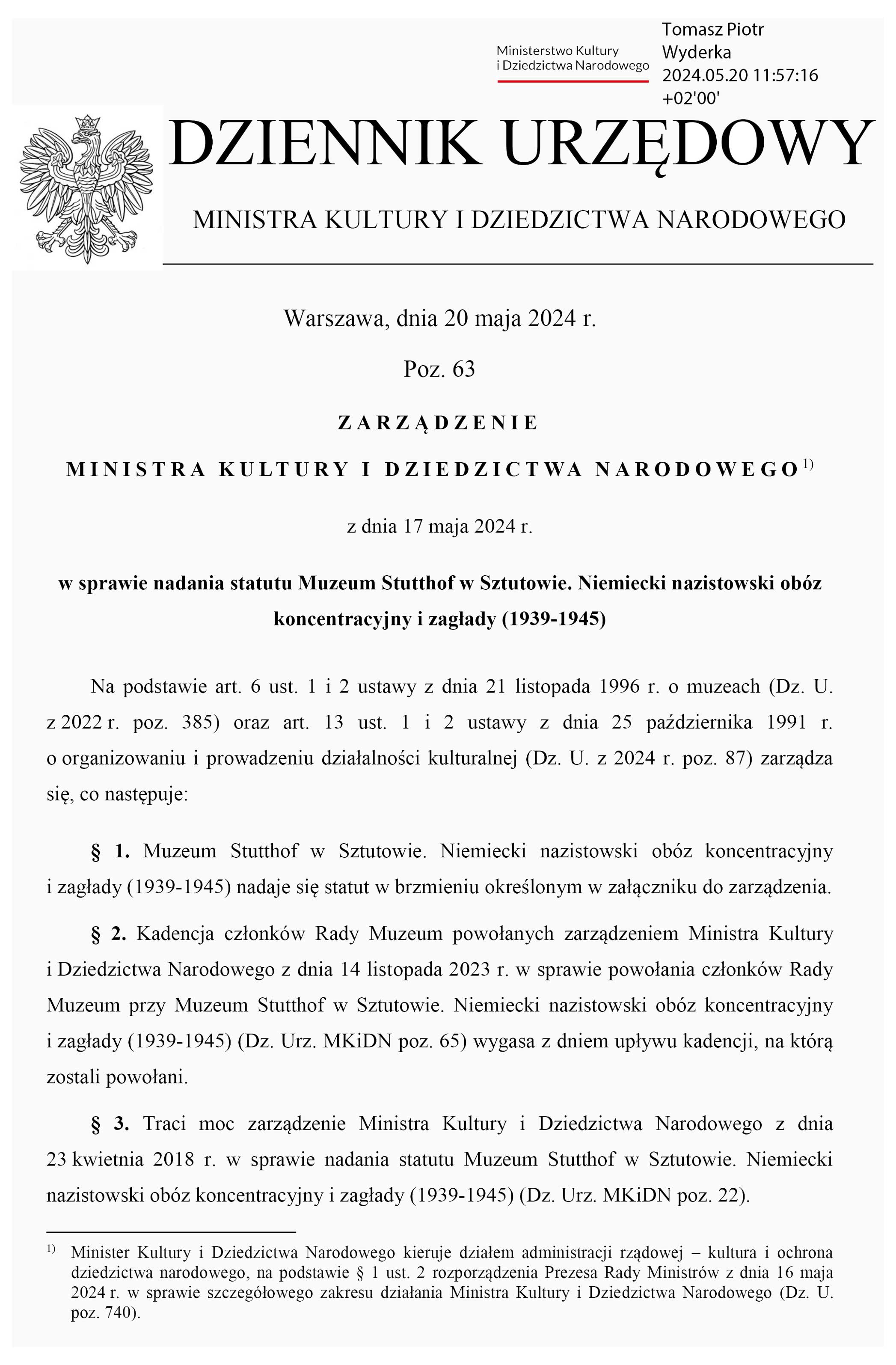 Statut Muzeum Stutthof strona pierwsza rozporządzenia